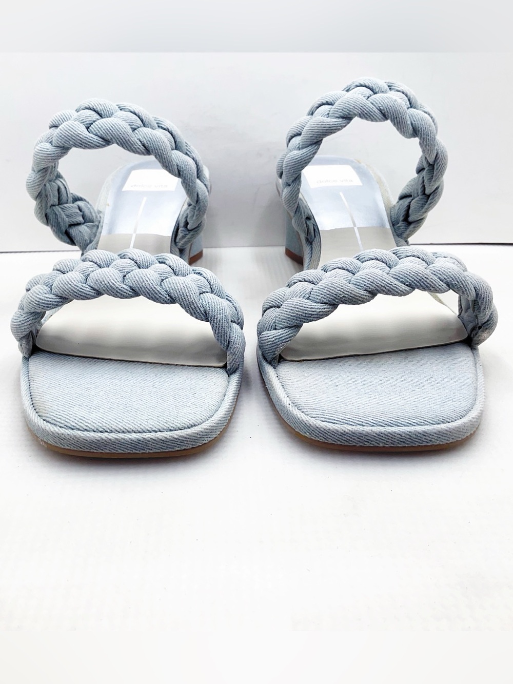 {Dolce Vita} Indy Light Blue Denim Slip On Open Square Toe Woven Straps Sandals - Picture 13 of 14